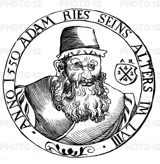 Adam Flemish Giant, also Adam Riese, 1492 or 1493, 30 March or 2 April 1559, was a German arithmetic master, Historical, digital reproduction of an original from the 19th century