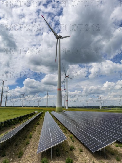 Wind farm near Marsberg, photovoltaic system, utilisation of land for renewable energies, Hochsauerlandkreis, North Rhine-Westphalia, Germany, Europe