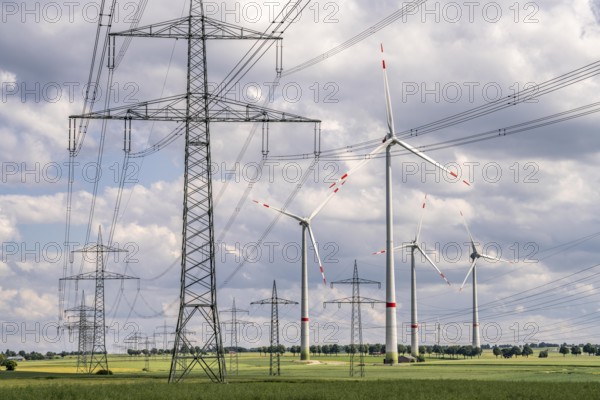 Wind farm north-east of Marsberg, Hochsauerlandkreis, high-voltage line, electricity pylons, North Rhine-Westphalia, Germany, Europe