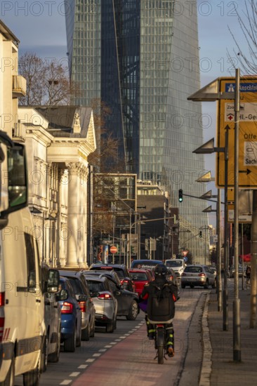 Inner city traffic, street Schöne Aussicht, with cycle lane, the building of the European Central Bank, ECB, in Frankfurt am Main, Hesse, Germany, Europe