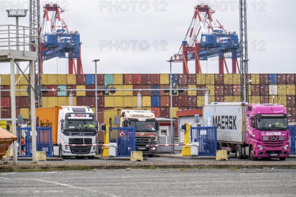 Entry and exit for container lorries, to the MSC container terminal in the seaport of Bremerhaven, Eurogate Container Terminal with almost 50 container gantry cranes, over a length of more than 4 km at the mouth of the Weser, Bremerhaven, Bremen, Germany, Europe