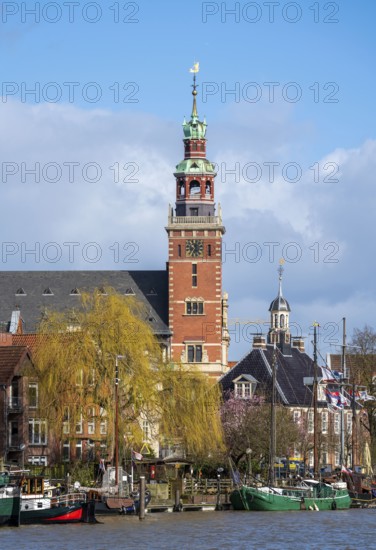 Skyline of the old town, on the Leda, town hall, museum harbour, old town houses, Leer, East Frisia, Lower Saxony