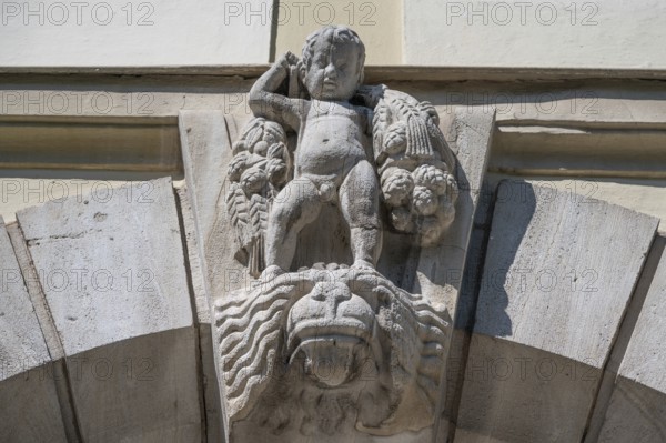 Sculpture above the main entrance of Dürer-Gymnasium, Sielstr. 17, Nuremberg, Middle Franconia, Bavaria, Germany, Europe