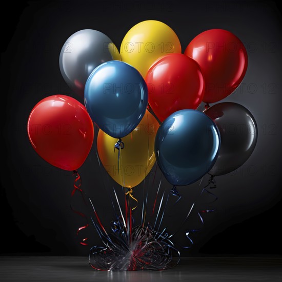 AI generated cluster of vibrant helium balloons floating against a grey background