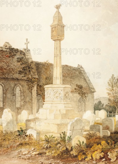 Monument in a Church Cemetery, Northamptonshire, England, digitally restored reproduction of a 19th-century original by John Buckler, Record date not stated, Monument in a Church Cemetery, digitally restored reproduction of a 19th-century original, Record date not stated