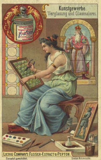 Picture series Arts and crafts, glazing and stained glass, Liebig picture, digitally restored reproduction of a collector's picture from around 1900, public domain, exact date unknown, artist paints stained glass windows in a room with medieval influences