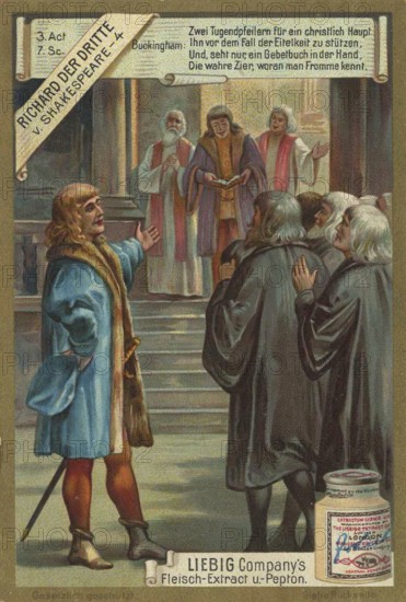 Series of paintings Richard the Third by Shakespeare, Buckingham, Liebig painting, digitally restored reproduction of a collection painting from ca 1900, public domain, exact date unknown, man speaking to a group in front of a medieval building, emphasising religious themes