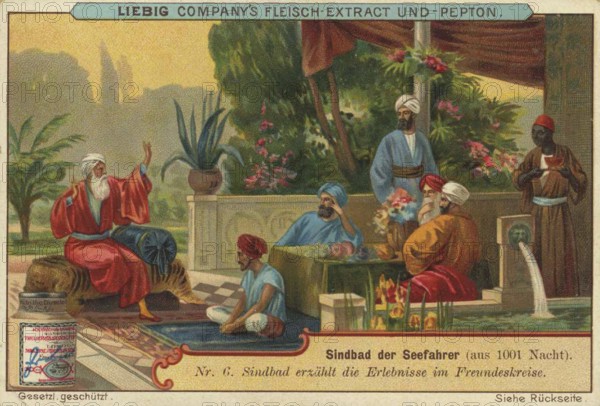 Picture series 1001 Nights, Sinbad the Sailor, 6, Sinbad recounts his adventures to his friends, Liebig picture, digitally restored reproduction of a collector's picture from around 1900, public domain, exact date unknown, A man recounts his adventures in an exotic environment. Fairytale atmosphere