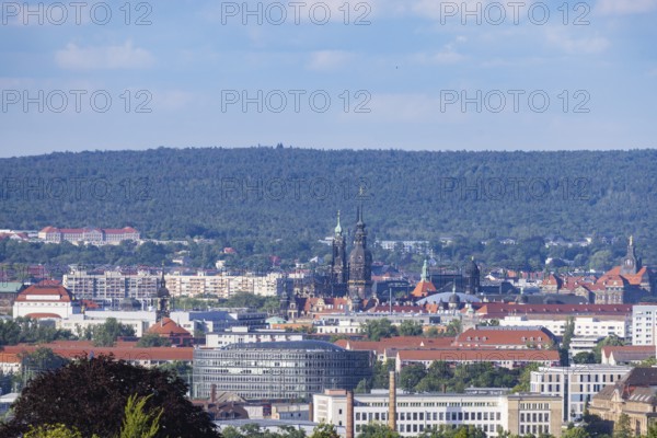 Cityscape Dresden with buildings Ammonhof, theatre, Annenkirche, Hofkirche, Residenzschloss, Staatskanzlei and Heide, panoramic view of Dresden seen from the west, Dresden, Saxony, Germany, Europe