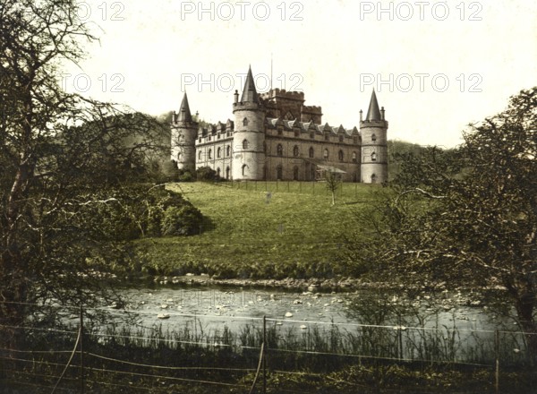 Inveraray Castle is a castle in the village of Inveraray on Loch Fyne in Scotland, around 1890, Historic, digitally restored reproduction from a 19th century original