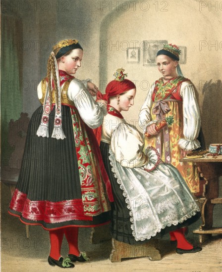 Traditional costumes in Germany around 1820, Bohemia, Pilsen district, woman in elaborate traditional traditional costume at an indoor activity, digitally retouched reproduction of a model from around 1850, by Albert Kretschmer (27 February 1825, 11 July 1891), German painter and costume expert