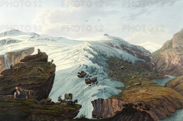 View of the Rheinwald glacier, taken at the shepherds' huts of Bergamo, Canton Graubünden in Switzerland, view around 1830, digitally restored reproduction of a 19th century model by Johann Ludwig Bleuler (12 February 1792 - 28 March 1850), Swiss draughtsman and painter