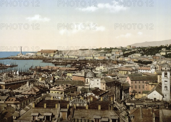 Blick zum lighthouse, Genua, Italien, View towards the lighthouse, Genoa, Italy, Historic, digitally restored reproduction from a 19th century original, 1880, Record date not stated, Europe