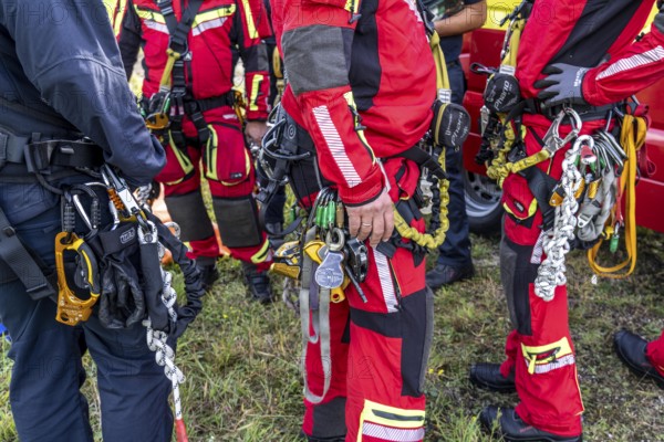 Equipment of the height rescuers of the Gelsenkirchen fire brigade, practising abseiling from a wind turbine from a height of 110 metres after rescuing an accident victim from the nacelle, Gladbeck, North Rhine-Westphalia, Germany, Europe