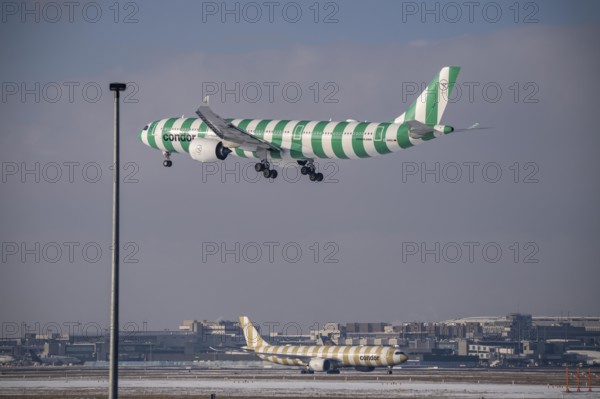 Condor Airbus A330-900 approaching Frankfurt Airport FRA and on the taxiway, Fraport, in winter, Hesse, Germany, Europe