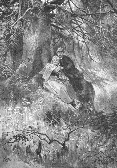 Lovers have hidden behind a thick tree in the forest to be undisturbed, Historical, digitally restored reproduction from a 19th century original, around 1890, Record date not stated