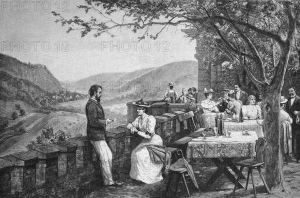 Summer visitors on the terrace of Eberburg Castle, Bad Münster am Stein-Ebernburg, Rhineland-Palatinate, Germany, Historical, digitally restored reproduction from a 19th century original, c. 1890, Record date not stated, Europe