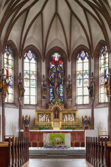 Interior view, choir, altar, New Parish Church of the Assumption of the Virgin Mary, Scena, South Tyrol, Autonomous Province of Bolzano, Italy, Europe