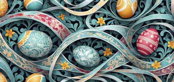 A whimsical abstract pattern with intertwined ribbons, eggs, and floral motifs, with a mix of sharp and soft lines creating depth, AI generated