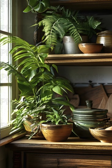 A sunlit kitchen corner, with a rustic wooden shelf holding neatly arranged ceramic bowls and a single, vibrant green houseplant, AI generated