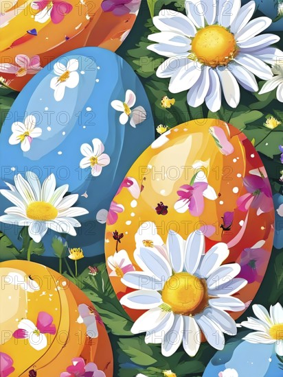 Abstract illustration of of vibrant-colored Easter eggs, surrounded by delicate spring flowers, AI generated