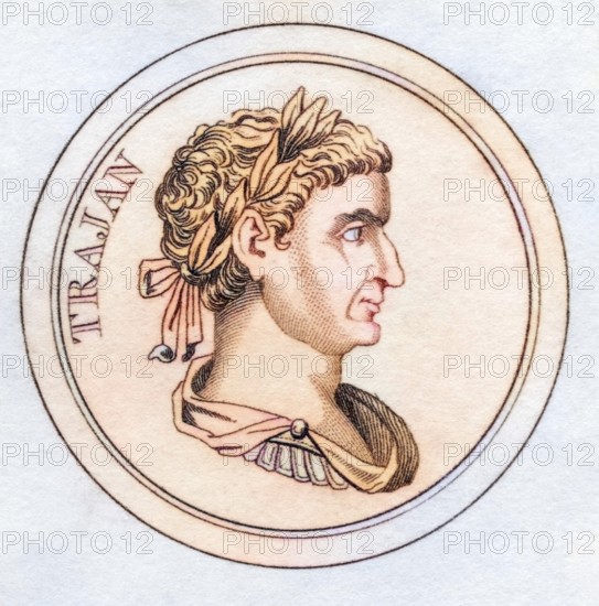 Trajan Marcus Ulpius Nerva Traianus AD53, 117 Roman Emperor from the book Crabbs Historical Dictionary from 1825, Historical, digitally restored reproduction from an original from the 19th century, Record date not stated