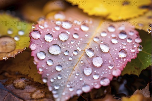 Water droplets on vibrant colored autumn leaves, AI generated