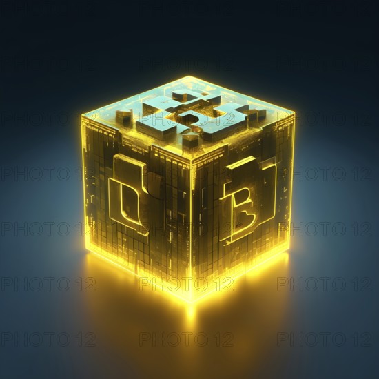 Three dimensional render of a yellow glowing blockchain cube, AI generated