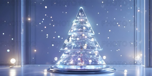 A three dimensional rendering of a futuristic Christmas tree made of glowing, semi-transparent glass, AI generated