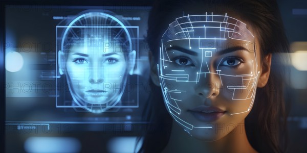 3d digital facial recognition displaying a female face with overlaid ai biometric data, AI generated