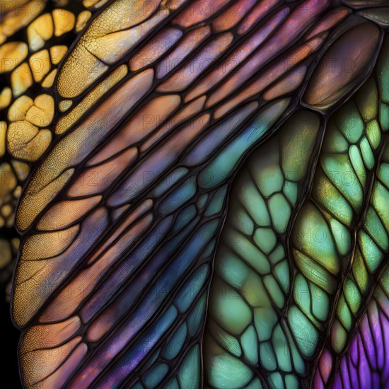 Vibrant butterfly wing with iridescent scales and network of veins, AI generated