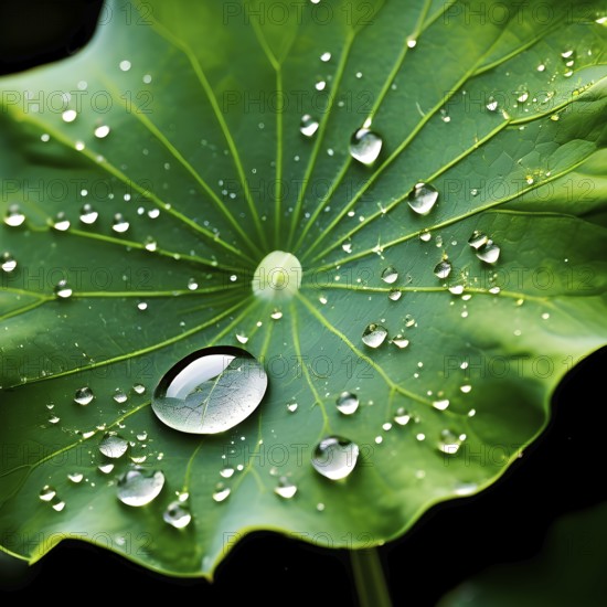 Close up of a lotus leaf showcasing its hydrophobic tendencies repelling water droplets, AI generated