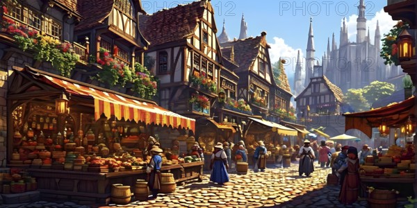 Pixel art scene of a bustling medieval marketplace with vendors displaying various goods, AI generated