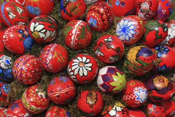 Detail of an Easter fountain in Franconian Switzerland, Bamberg district, Upper Franconia, Germany, many colourful blown-out and dyed eggs as decoration, Easter custom, Europe