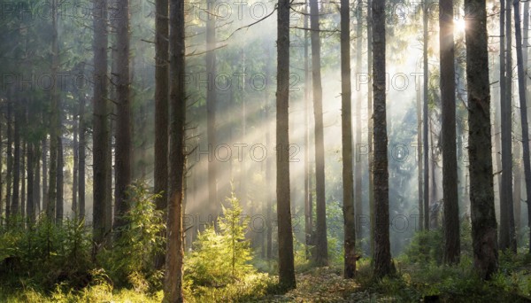 Landscape, forest, spruce forest, high trunks, fog, sunbeams, AI generated, AI generated