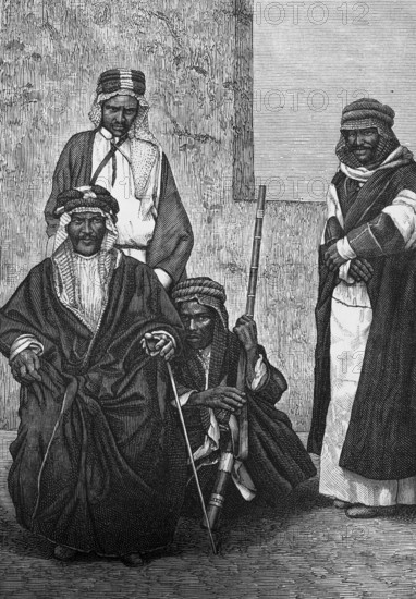 Noble Arabs, traditional floor-length robe, headgear, rifle, travelling in Asia, Arabia, historical illustration 1887