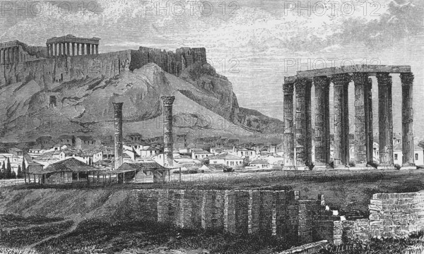 The Acropolis of Athens, an ancient city fortress, temple complex, columns, mountain, UNESCO World Heritage Site, archaeology, history, Greece, historical illustration 1888, Europe