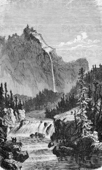 Wild Jotunheimen, highest mountains in Scandinavia, river with waterfall and cascades, coniferous forest, hiker, geography, Norway, historical illustration 1888, Europe