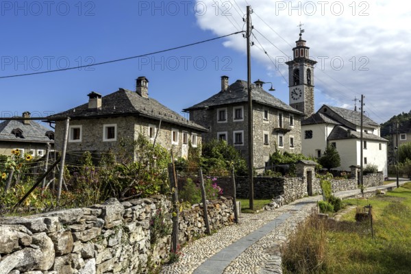 View of the village, typical Ticino stone houses in the mountain village of Rasa, Centovalli, Canton Ticino, Switzerland, Europe