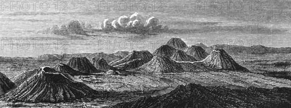 Volcanic chains in the volcanic landscape of the Auvergne, Massif Central in southern France, geological history, geography, historical illustration 1888