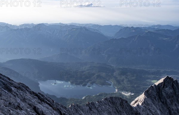 Steep rocky ridge, view from the summit of the Zugspitze to Eibsee lake, Wetterstein Mountains, Bavaria, Germany, Europe