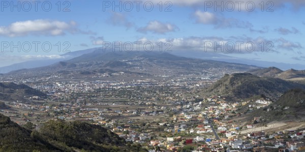 Panorama from Mirador de Jardina to San Cristobal de La Laguna, behind it the Pico del Teide, 3718m, Tenerife, Canary Islands, Spain, Europe