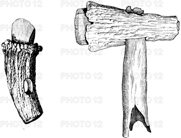 Two Stone Age axes, polished stone axe with handle made of deer horn from Belgium (6), stone axe from the peat bogs of the Somme, France, geology, anthropology, history of mankind, historical illustration 1880, Europe