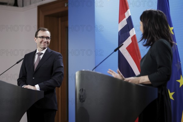 Espen Barth Eide, Minister of Foreign Affairs of the Kingdom of Norway, and Annalena Bärbock (Alliance 90/The Greens), Federal Foreign Minister, photographed during a joint press conference in Berlin, 14 March 2024. Photographed on behalf of the Federal Foreign Office