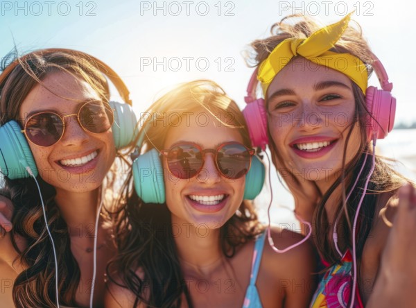 Sexy young ladies listening to modern hip hop and rap music in colorful headphones at party, AI generated