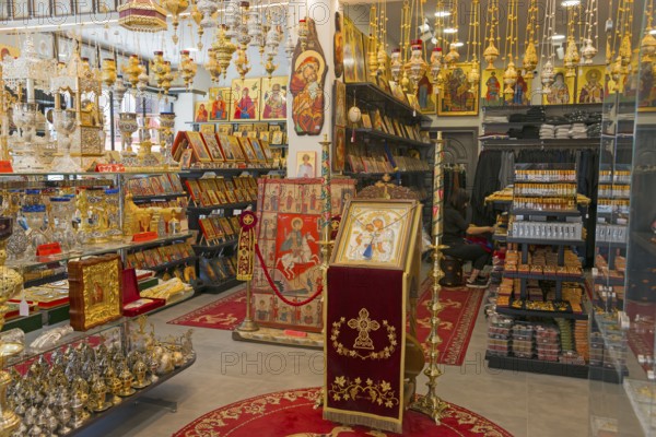 Shop interior full of religious artefacts and Orthodox souvenirs, Ouranoupoli, City of Heaven, Athos Peninsula, Halkidiki, Greece, Europe