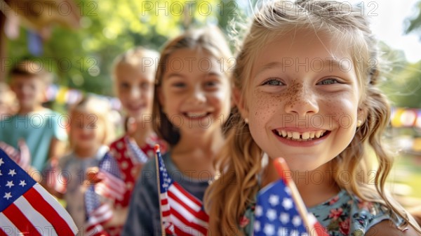 Cute children celebrating the american holiday with friends and family at the parade. generatvie AI, AI generated