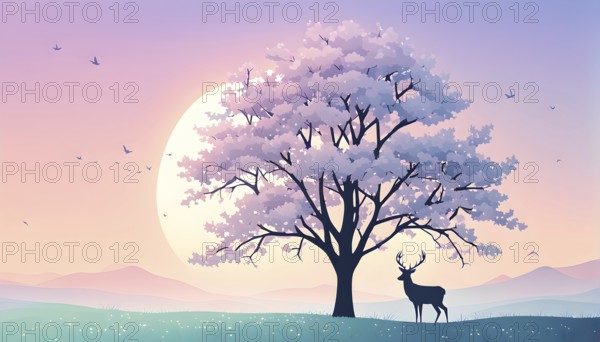 Abstract minimalist spring scene with a single, sharp silhouette of a deer and of a blooming tree, beautiful sunrise, AI generated