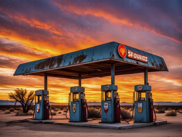 Abandoned retro gas station in the middle of a desert at sundown, with rusted gas pumps and an old sign, AI generated