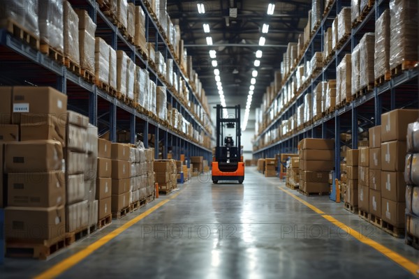 Distribution warehouse with cardboard boxes neatly stacked on pallets, AI generated